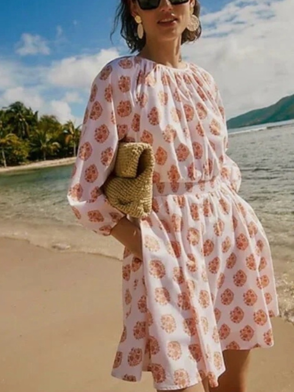 J. Crew White Midi Dress with Coral Medallion Print